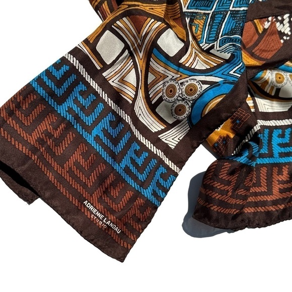 Adrienne Landau Studio Brown Blue Gold Silk Scarf - Picture 1 of 7